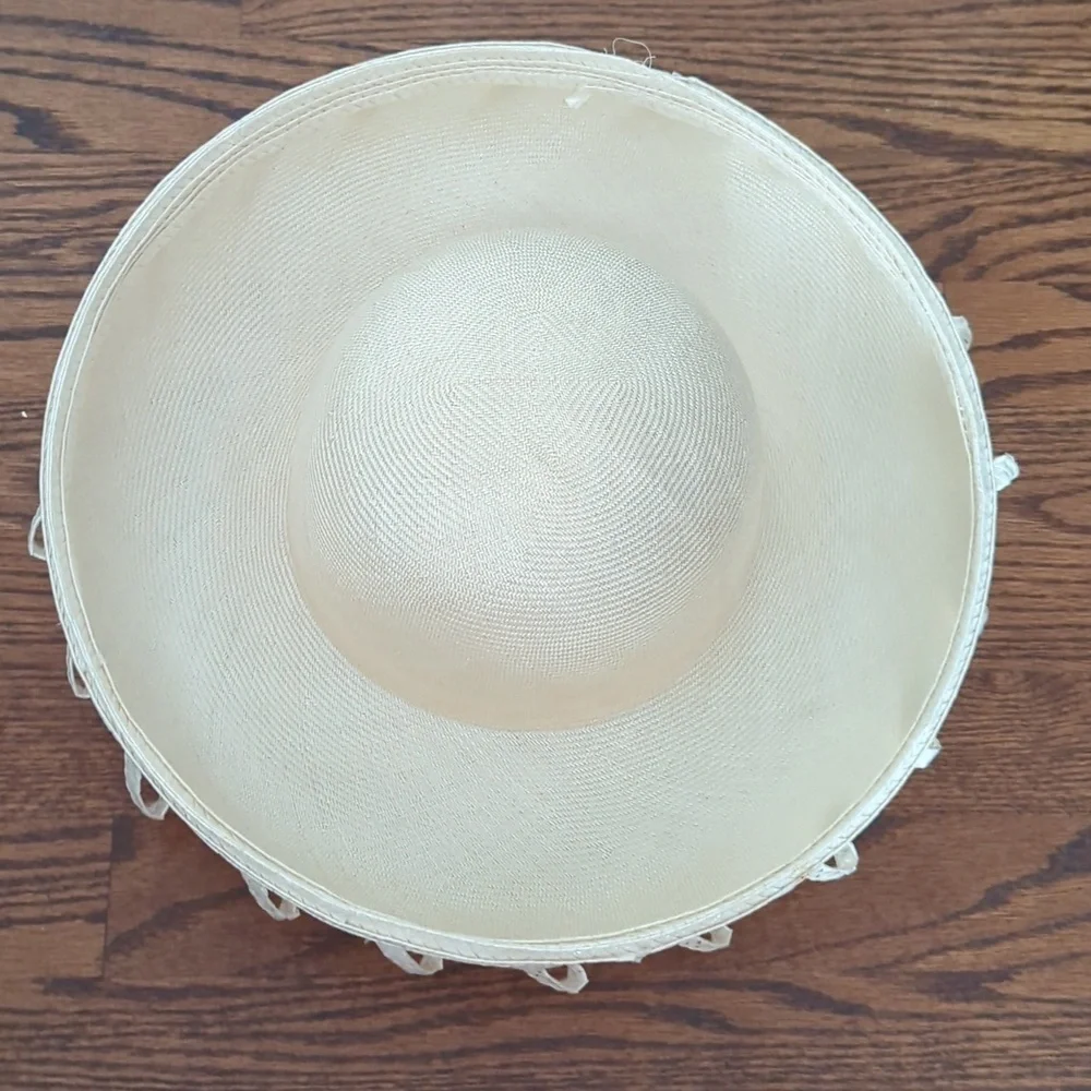 Vtg Adolfo II Old Money Cream Sculptural Wide Brim Accents Straw Hat - Picture 4 of 8